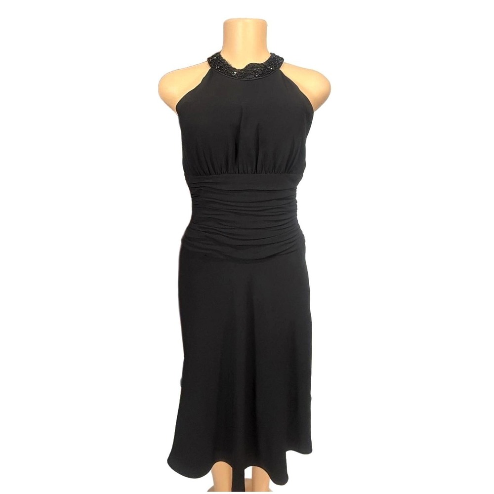 Jones New York Black Halter Neck Ruched Waist Embellished Cocktail Dress Size 8